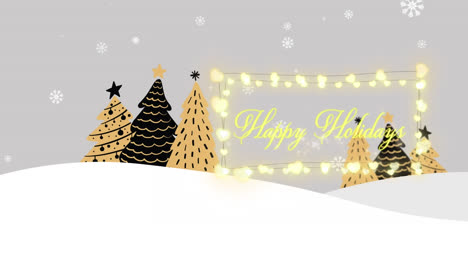 Animation-of-happy-holidays-text-over-winter-landscape