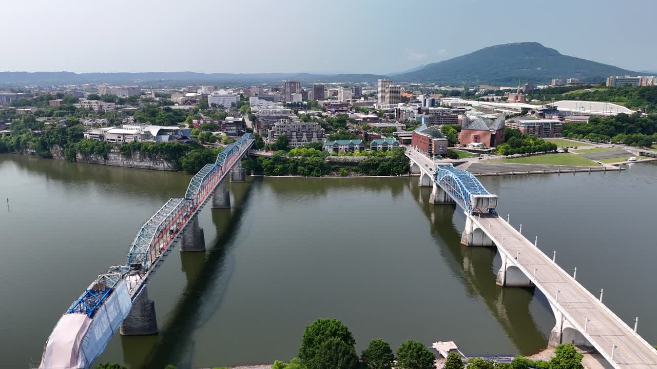 Aerial Drone Journey Over Chattanooga Riverfront, Tennessee