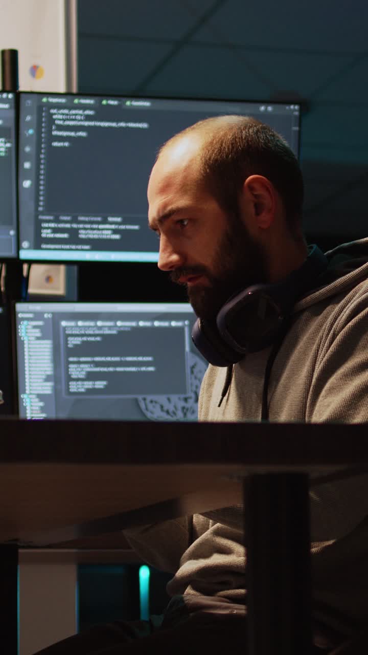 Vertical video: System programmer typing source code on laptop and multiple monitors