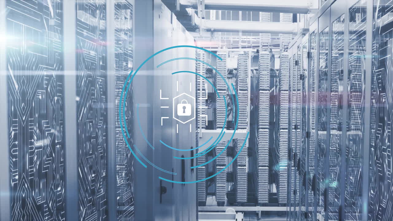animación del icono del candado y procesamiento de datos digitales a través de servidores informáticos