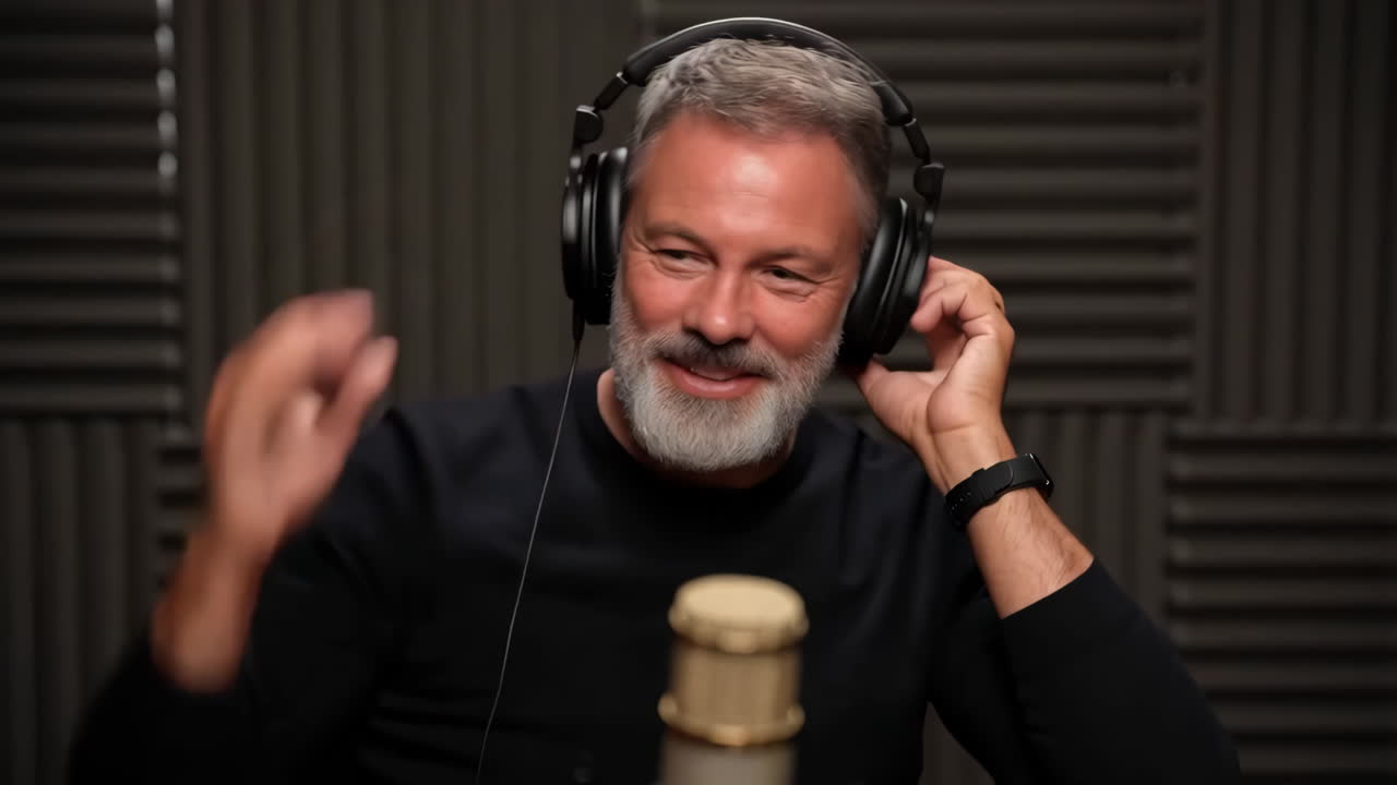 Man in a recording studio with headphones and microphone