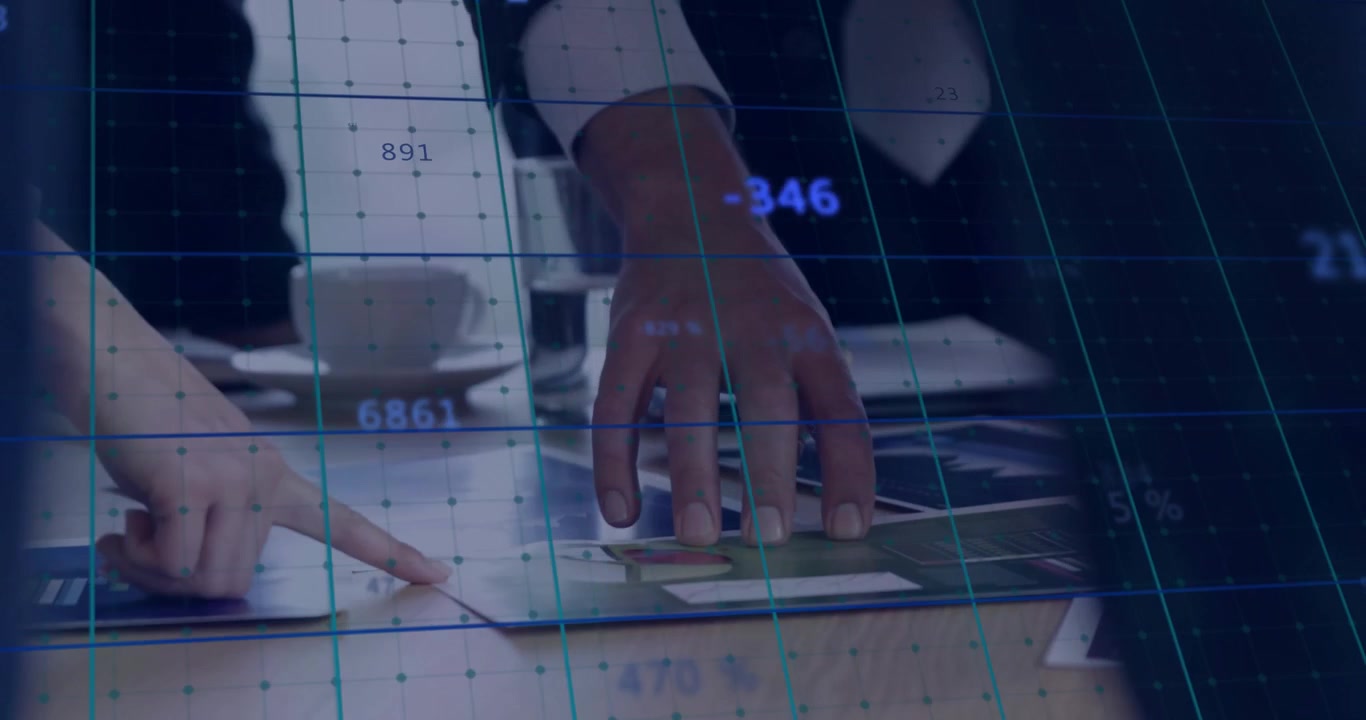 Grid appearing starting hand shifting charts updating numbers colleague pointing guiding layout