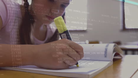 animación de procesamiento de datos sobre colegiala caucásica