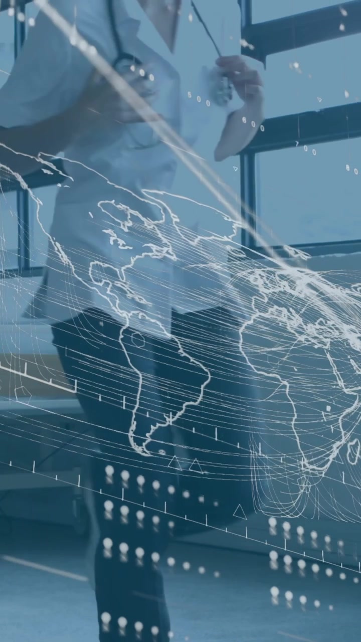 Animation of world map and data processing over diverse doctors at hospital