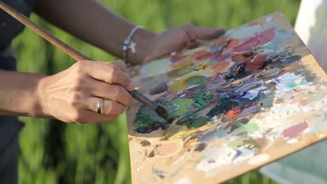 a professional artist paints a picture
