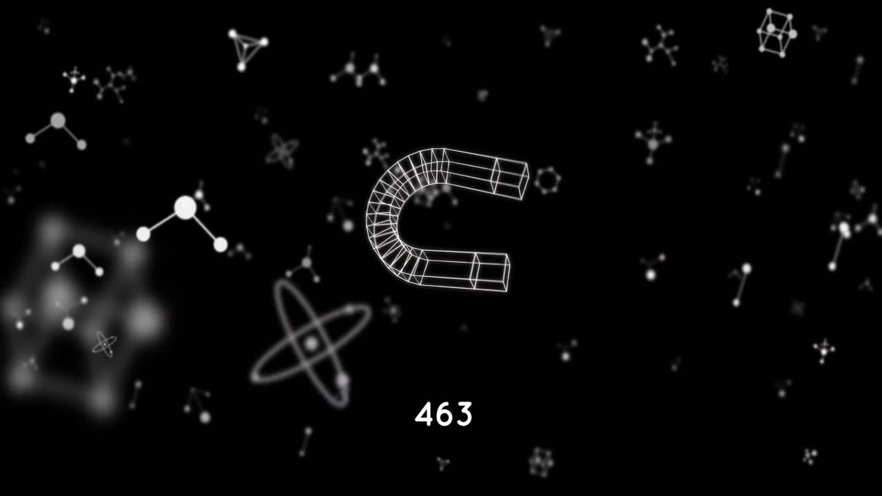 검은색 배경에 있는 분자 위의 아이콘의 애니메이션