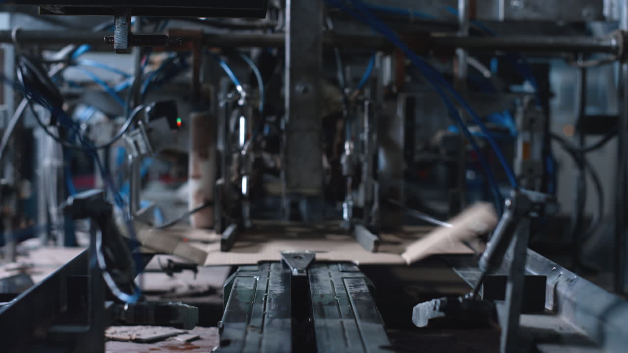 기술 시설에서 카드보드 포장 기계 작업 프로세스 클로즈업