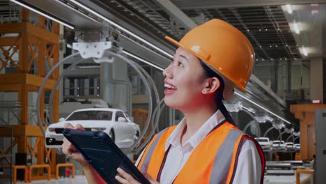vista lateral de cerca de una ingeniera asiática con casco de seguridad tomando nota en la tableta y mirando a su alrededor mientras está de pie en la fábrica de automóviles ev