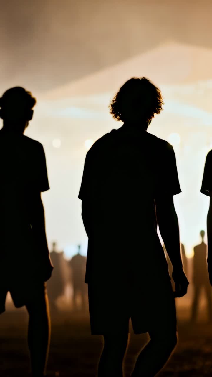 Video verticale: Ragazzo in pantaloncini che cammina con gli amici, diretto verso una tenda a un evento, attratto dalle luci.