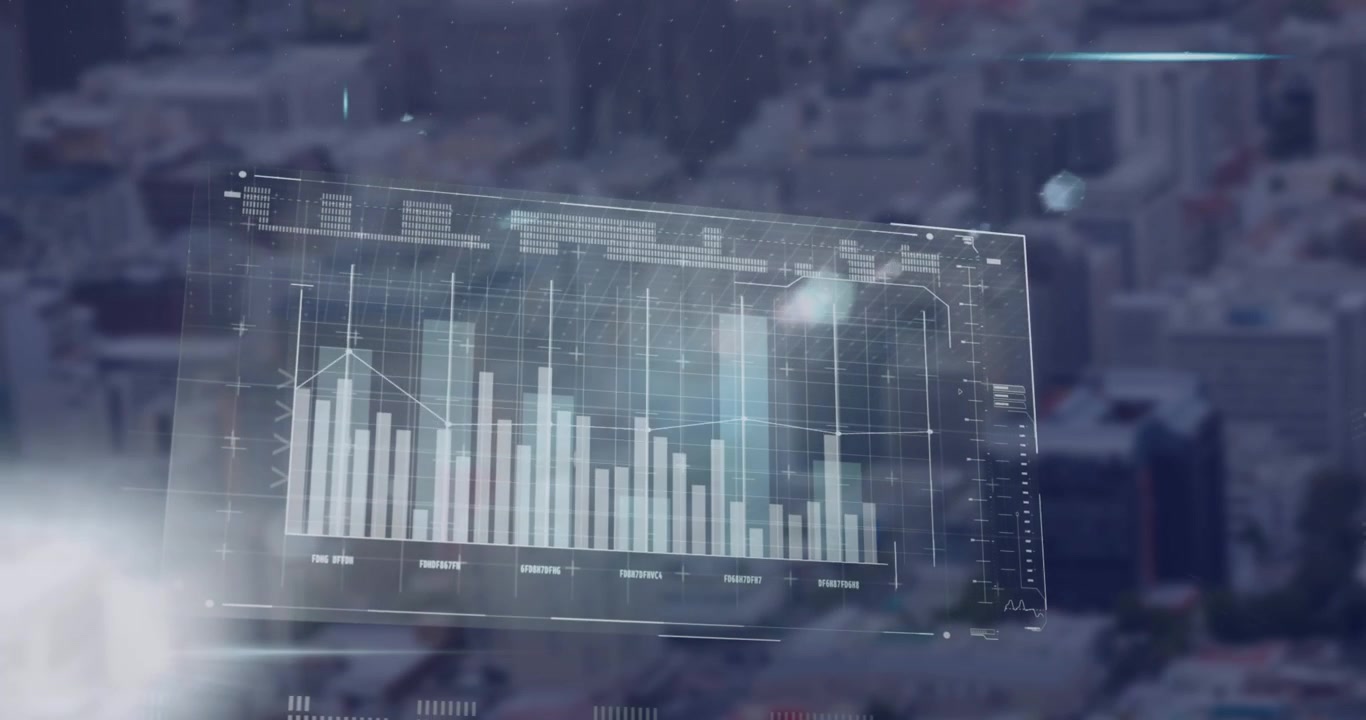 Animation of red arrow, statistics, data processing over cityscape