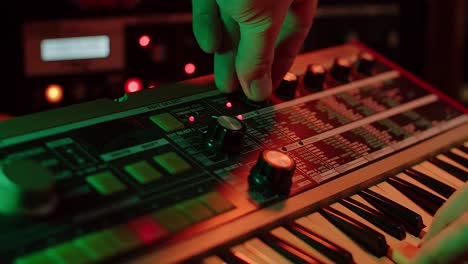 slow motion shot of a man playing keys and turning filter knobs on a vintage synth, red and green mood