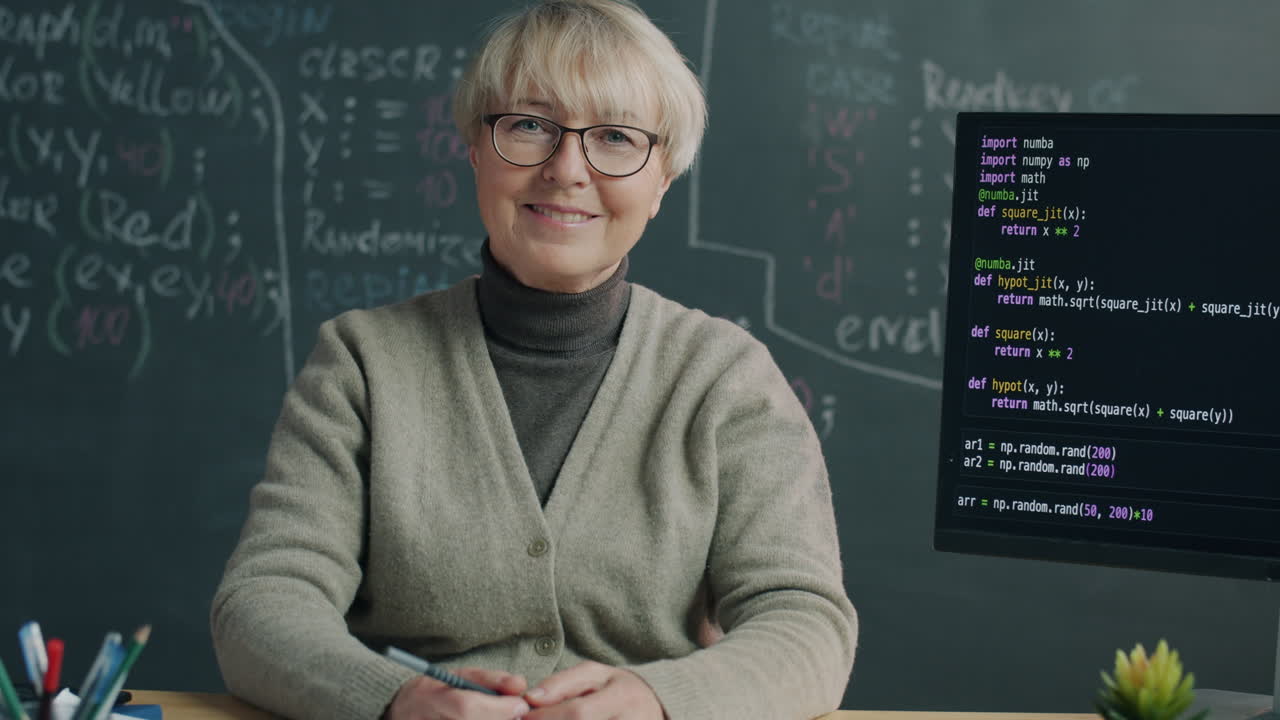 Smiling Woman Teacher in a Classroom Setting, Coding