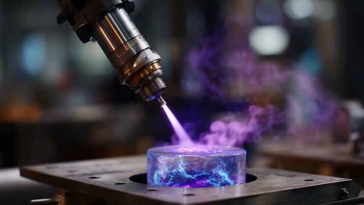 A high-tech machine utilizes advanced plasma technology to create vibrant, colorful energy forms while manipulating a circular object, showcasing precise engineering and innovative design in action