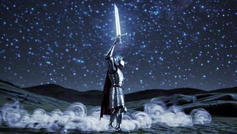 a low-angle shot of a knight in shining armor holding a sword, set against a starry night sky