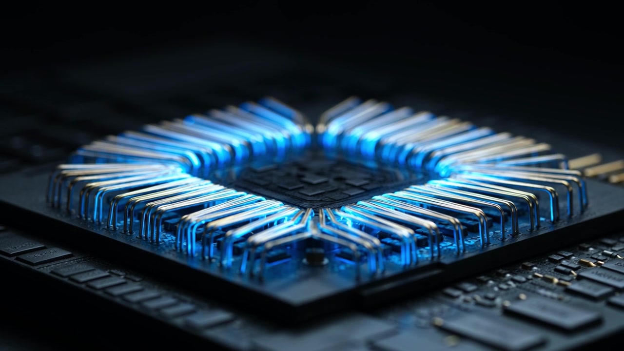 Avanceret computerchip med pulserende blåt lys på printplade