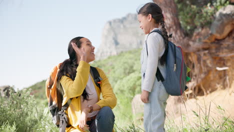 high five, hiking and mother with girl child