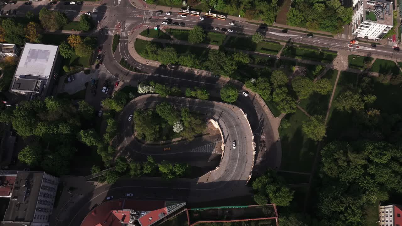 Drone view, spiral road in Warsaw, Poland