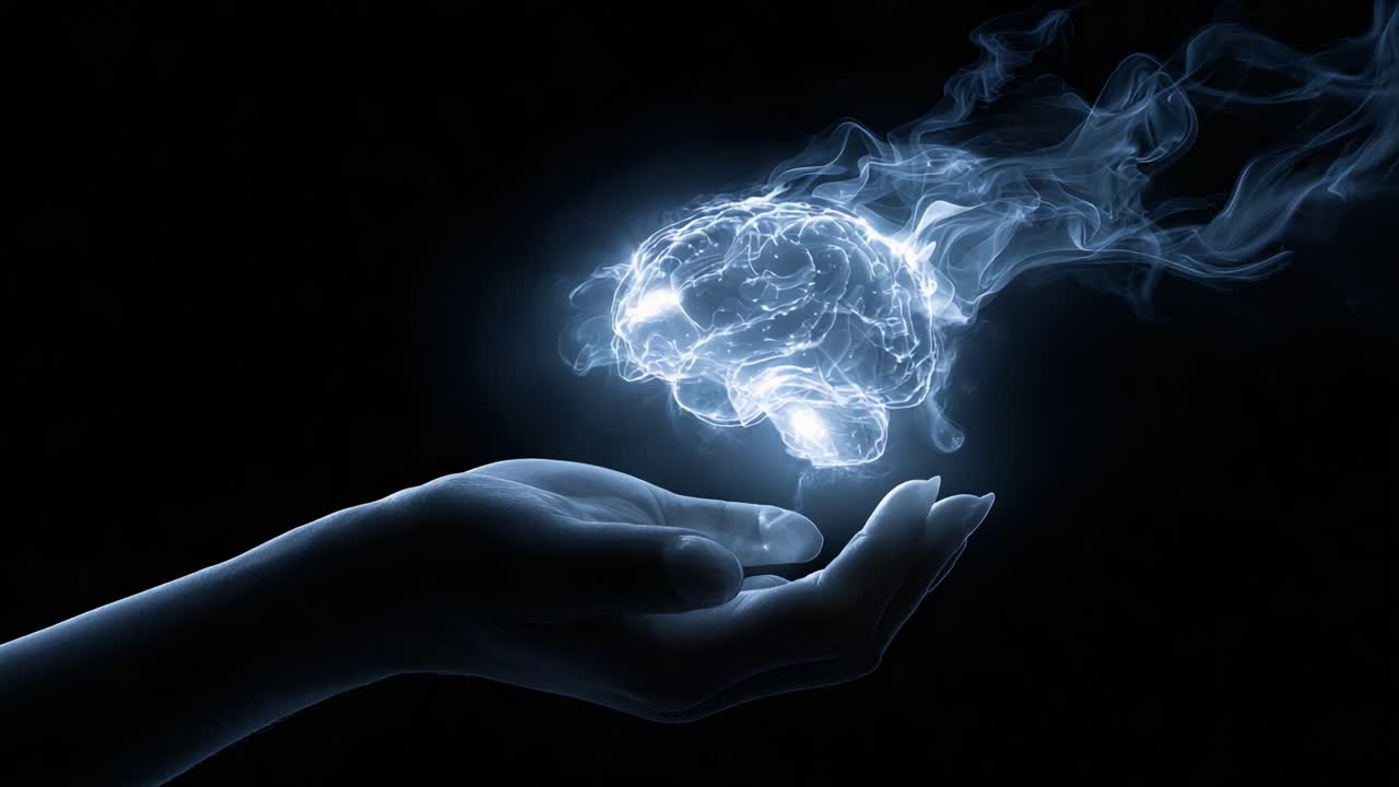 Uno sguardo all'innovazione: una mano che tiene un cervello luminoso che manifesta intelligenza concettuale e creatività con effetti di fumo eterei in un ambiente scuro