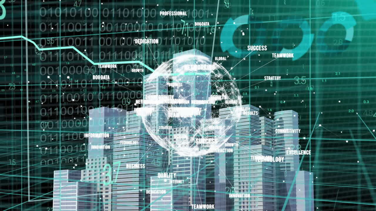 Animation of data processing over 3d cityscape