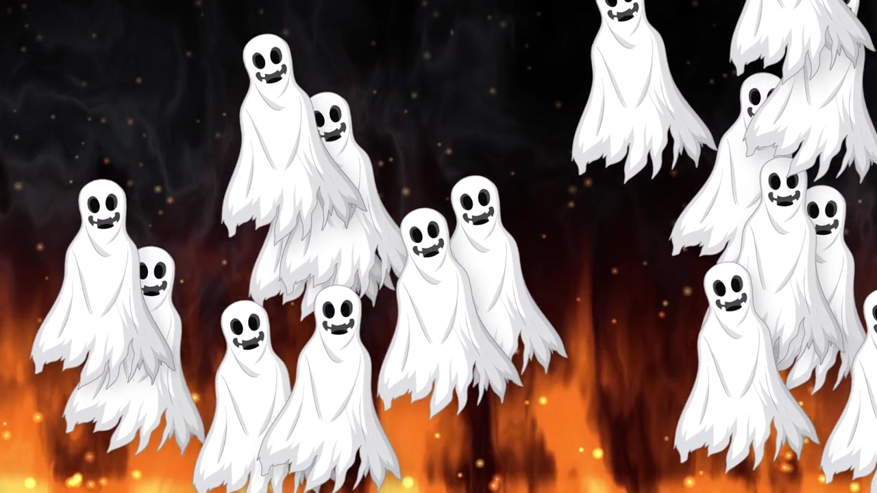 Animated white cartoon ghosts hover above rising orange flames and dark smoke against black.