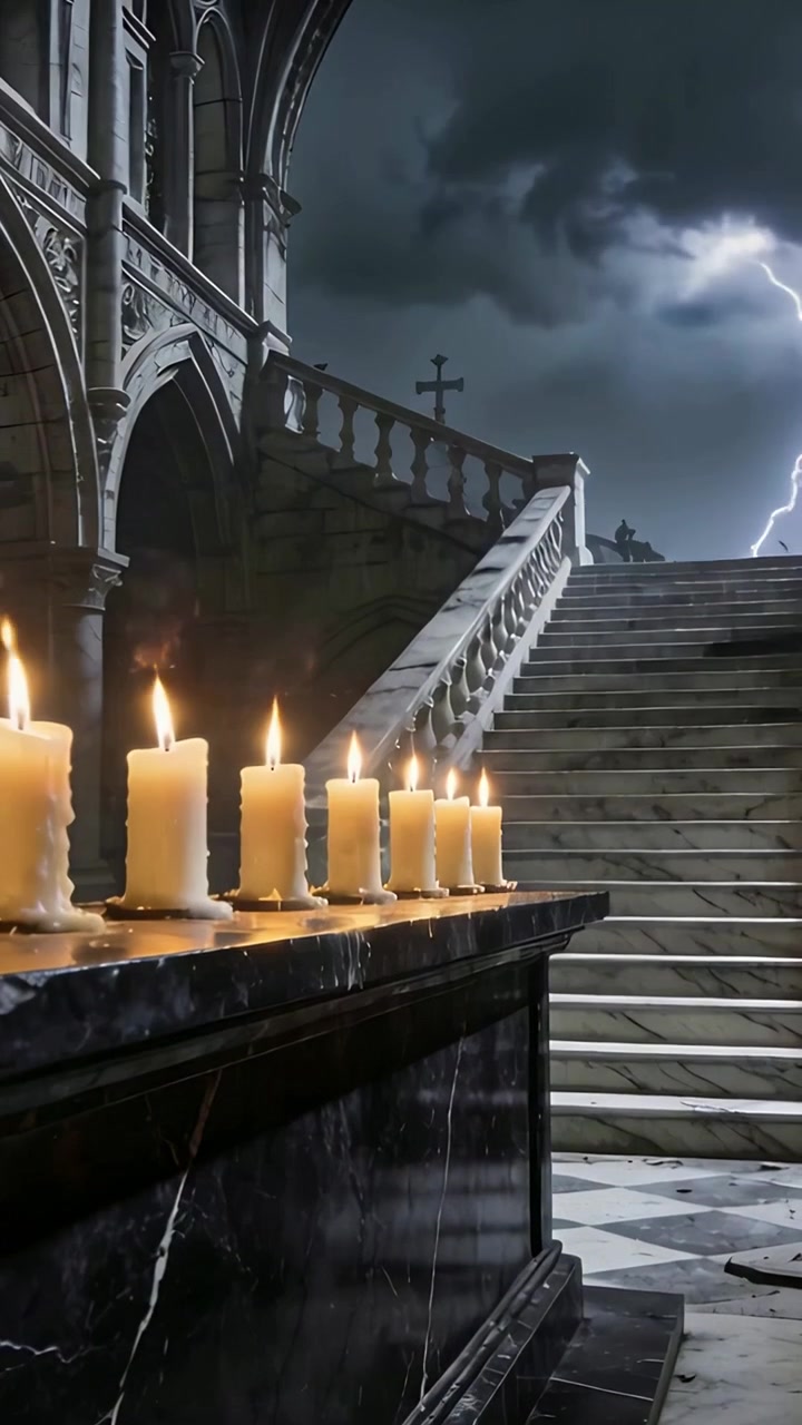 Video verticale: Ceri votivi accesi su un altare di marmo, la luce che rivela gradini e una croce, con spazio per il testo.