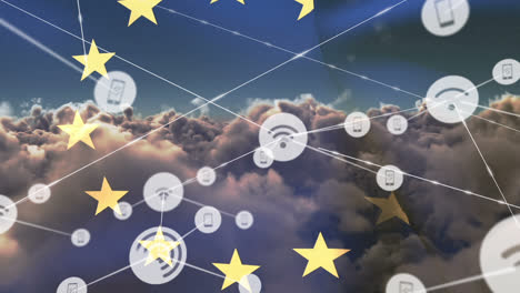 animation of network of connection and icons over ue flag and cloudy sky