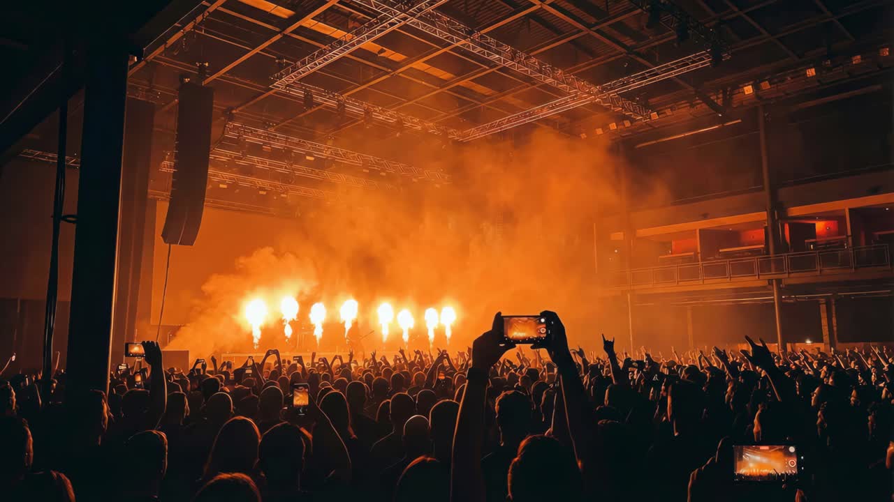 Ambiente di concerto colorato e affollato di fan entusiasti, con fiamme luminose.