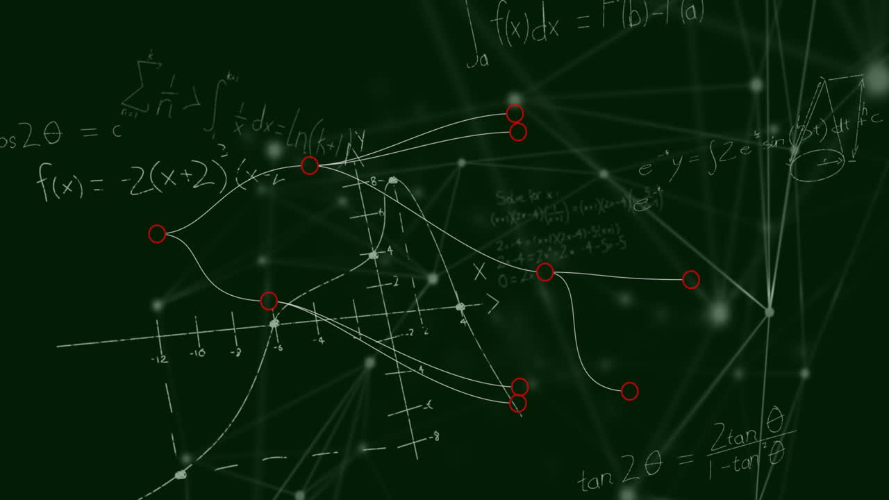 녹색 바탕에 떠다니는 수학적 방정식과 연결망의 애니메이션