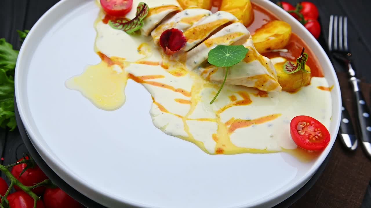 Fresh dish with fruit and sauce served on a white plate in natural light. A dish features sliced fruit and small tomatoes with sauce on a white plate