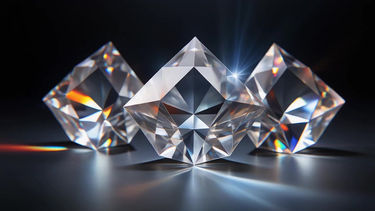 Tre diamanti scintillanti che riflettono la luce su una superficie scura