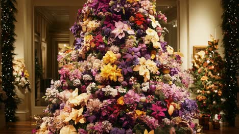 large christmas tree decorated with colorful flowers, garlands and christmas balls, standing in a museum hall next to a smaller traditional christmas tree