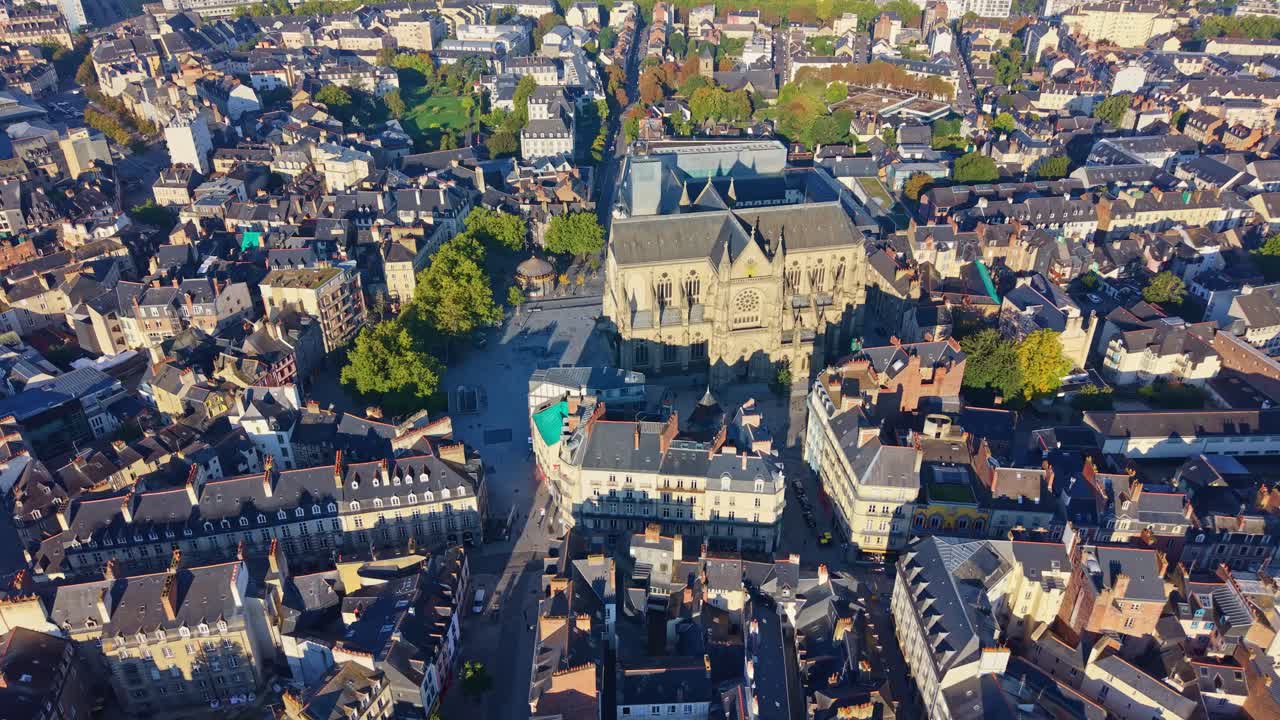 Approaching drone fly to the minor Basilica of Saint-Aubin in Our Lady aka Basilique Saint-Aubin en Notre-Dame-de-Bonne-Nouvelle, Rennes, Ille-et-Vilaine, France