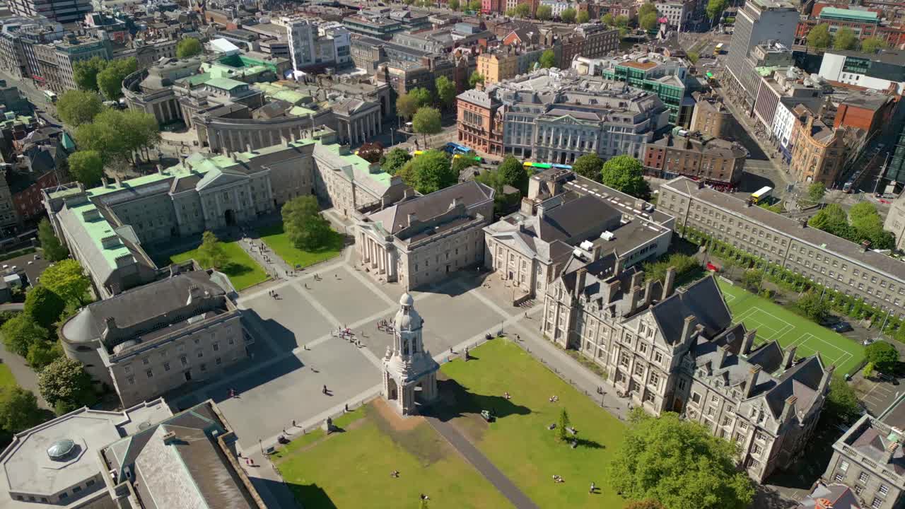 Right-to-left travelling aerial video of the campus and surrounding areas of Trinity College in Dublin, Ireland on a sunny day. Filmed in 4K, 60FPS and with Rec709 color.