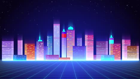 animación de estilo retrowave de la ciudad de neón. estrellas brillantes, luces de neón y colores brillantes fondo retro de onda sintética. papel tapiz animado en vivo en bucle. ciudad nocturna futurista, paisaje urbano, rascacielos, cuadrícula