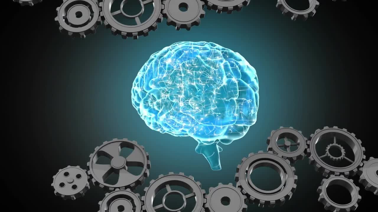 animación del cerebro humano y los engranajes con procesamiento de datos sobre un fondo oscuro