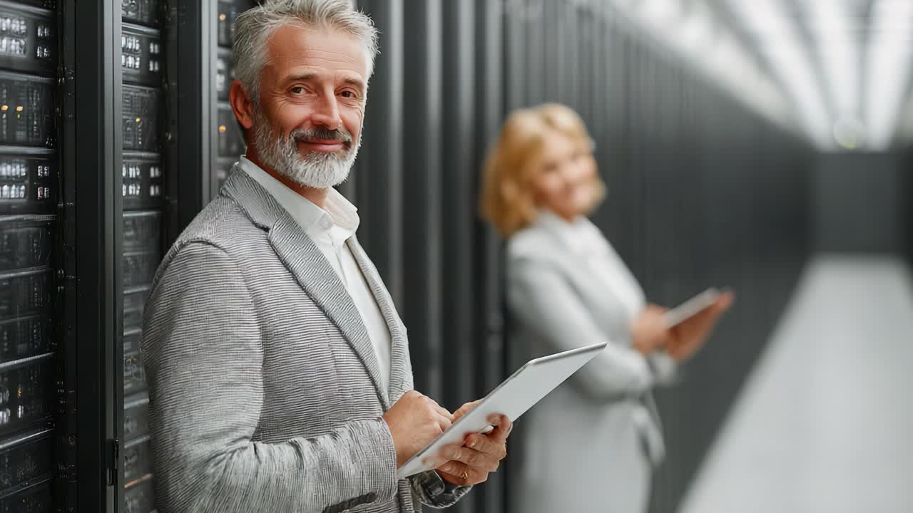 A focused discussion on technology and data as professionals engage in serious work amidst high-tech server racks in a modern data center environment