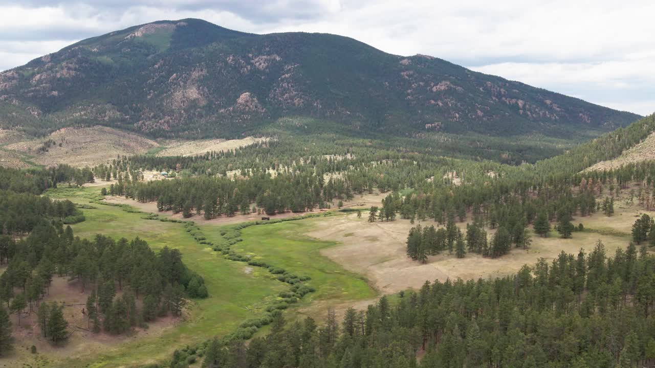Lateral truck view of a remote mountain valley in the Pike National Forest with pine trees and a green valley below. Filmed with a drone in the Pike National Forest