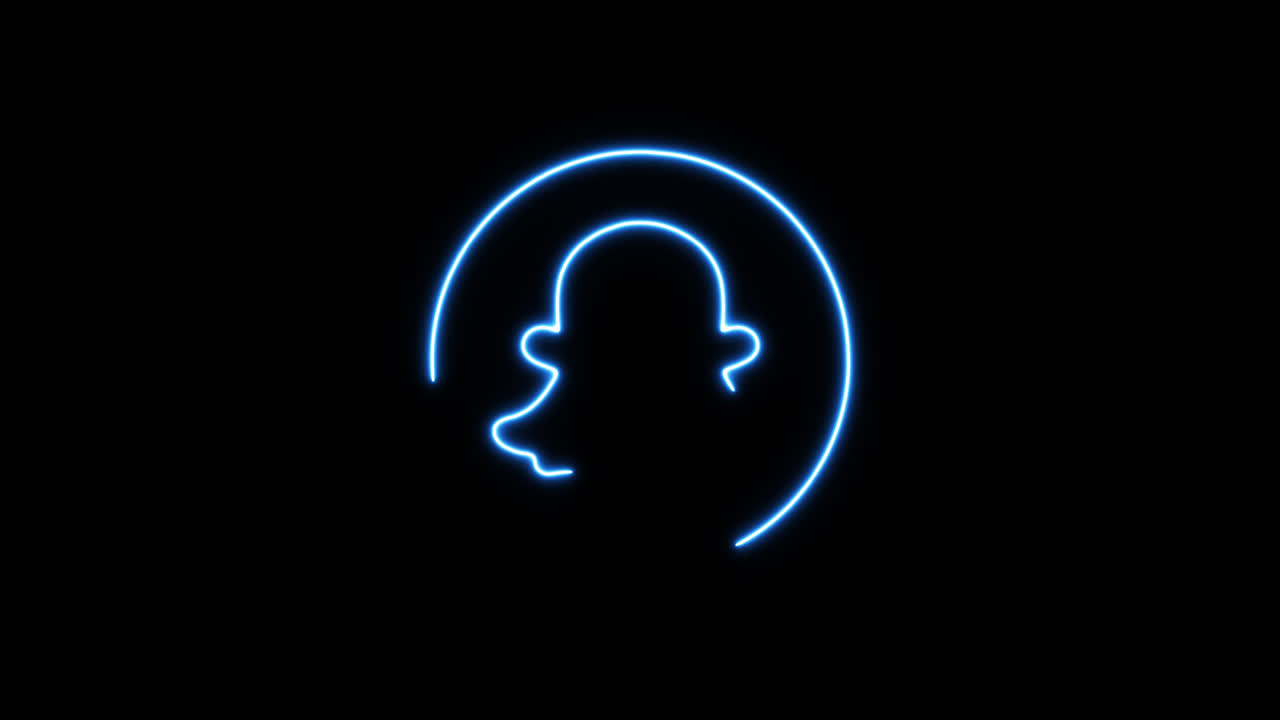 Sininen neon Snapchat-logon piirrosanimaatio mustalla taustalla