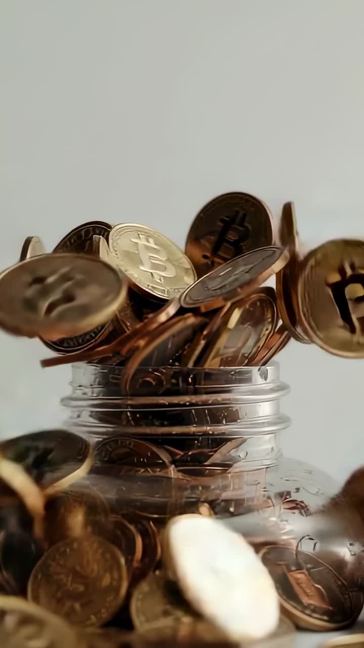 Vertical video: Initiating Bitcoin tokens cascading into glass jar on table, showing accumulation