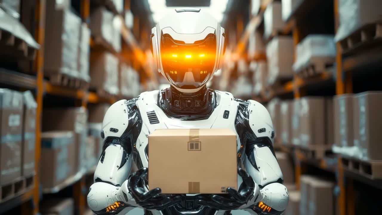 Robot delivers in warehouse. A humanoid robot stands in a storage area holding a package, surrounded by shelves filled with boxes.