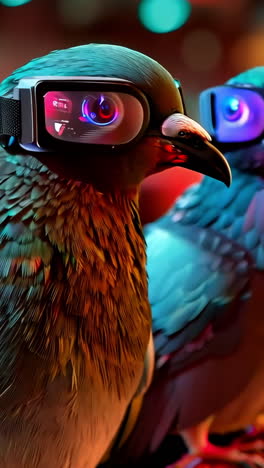 colorful pigeons wearing glasses in vibrant urban setting. pigeons with stylish glasses stand together, showcasing their colorful feathers in a lively urban environment filled with bright lights. vertical video