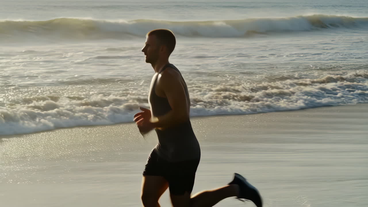 Man Jogging on Beach by the Ocean