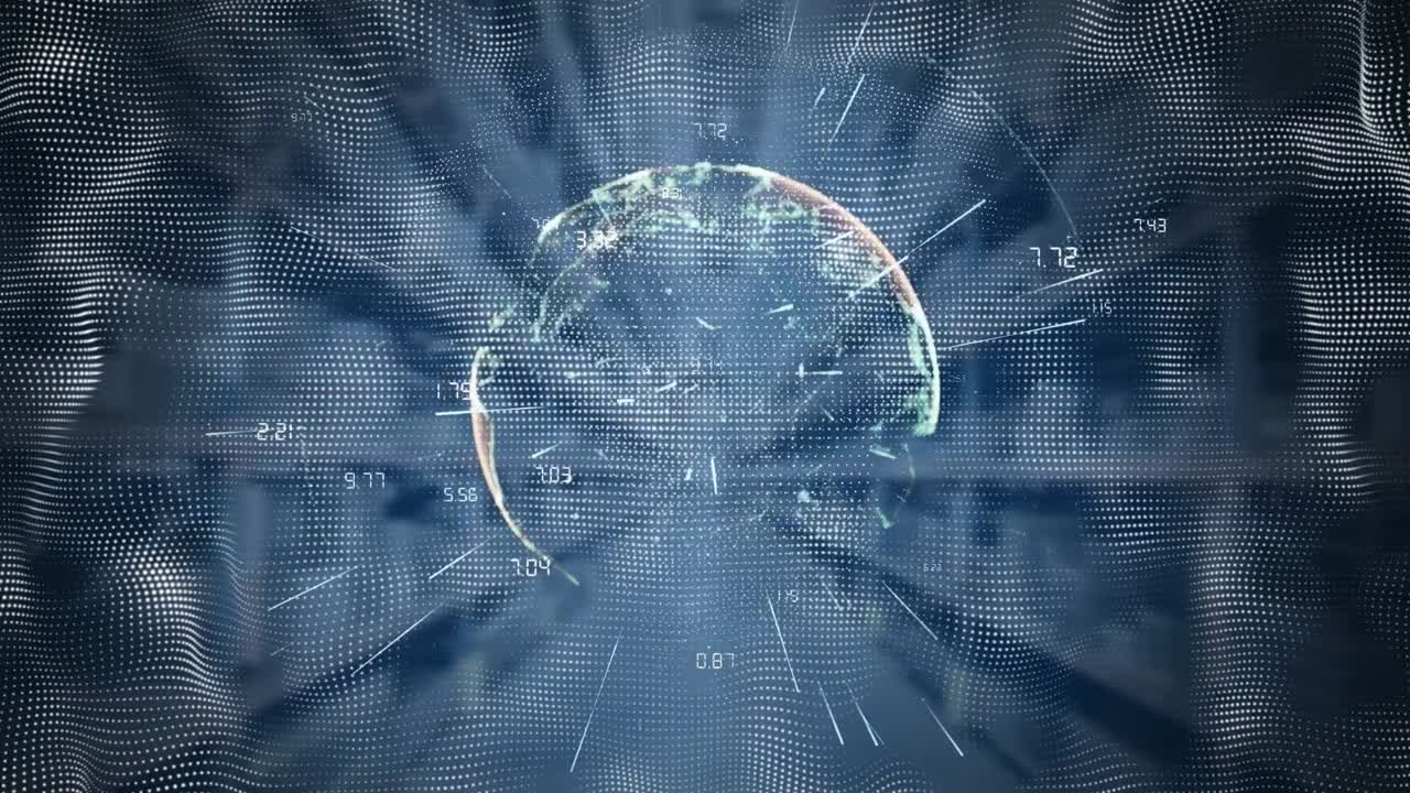 Animation of waves, coordinates and globe on navy background