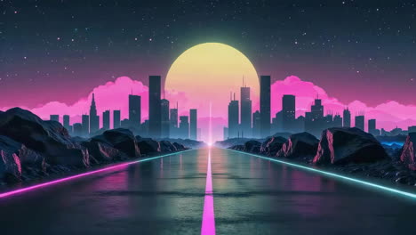 retrofuturistic synthwave cityscape with neon road and sunset