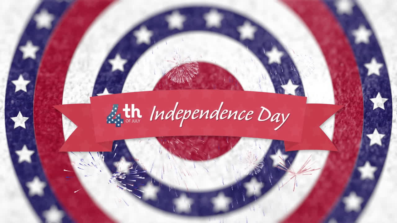 Independence Day text on red banner against stars on spinning circles