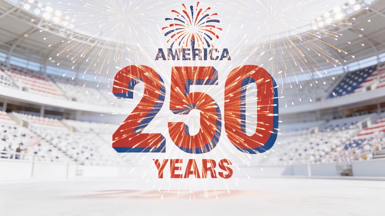 Segnale luminoso che avvia la mostra AMERICA 250 che si illumina nell'arena, con strisce e fuochi d'artificio che segnano la pietra miliare.