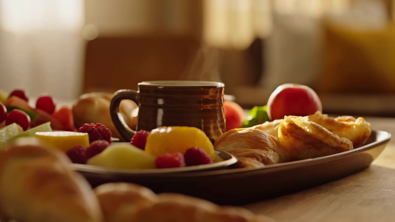 Croissanter, oppskåret frukt, bær, melon og en dampende kopp hviler på et trebord i mykt gyllent morgenlys, med en uskarp interiørbakgrunn og en innbydende, koselig spiseatmosfære for hjemmefrokost.