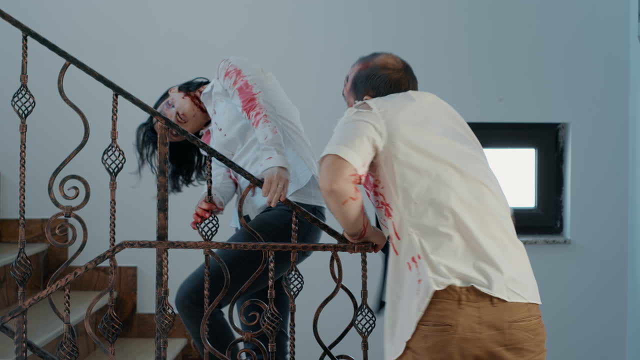 Evil brain dead creepy zombies walking and crawling on office emergency stairway looking for victims