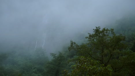 misty waterfall in the tropical rainforest, tropical scenery of a waterfalls and trees in blue mist in mysterious moody atmospheric landscape in himalayas mountains foothills in nepal