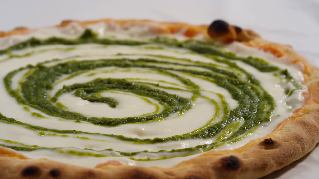 Baked Pizza With Pesto Spiral Sauce, Golden Blistered Crust, Creamy White Base, Herbaceous Green Pesto